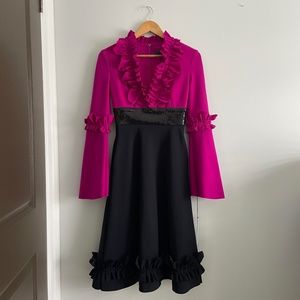 GRETA CONSTANTINE RARE APPLIQUE RUFFLE SEQUIN KNEE LENGTH V-NECK DRESS MARKLE